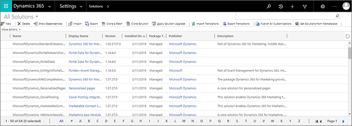 The Dynamics 365 solutions list
